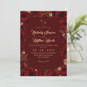 Black Burgundy and Gold Rose Floral Boho Wedding Kaart (Staand voorkant)
