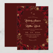 Black Burgundy and Gold Rose Floral Boho Wedding Kaart (Voorkant / Achterkant)