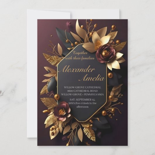 Black Burgundy en Gold Floral Modern Boho Wedding Kaart (Voorkant)