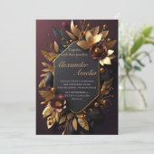 Black Burgundy en Gold Floral Modern Boho Wedding Kaart (Staand voorkant)