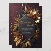 Black Burgundy en Gold Floral Modern Boho Wedding Kaart (Voorkant / Achterkant)