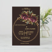 Black Burgundy en Gold Floral Modern Boho Wedding Kaart (Staand voorkant)