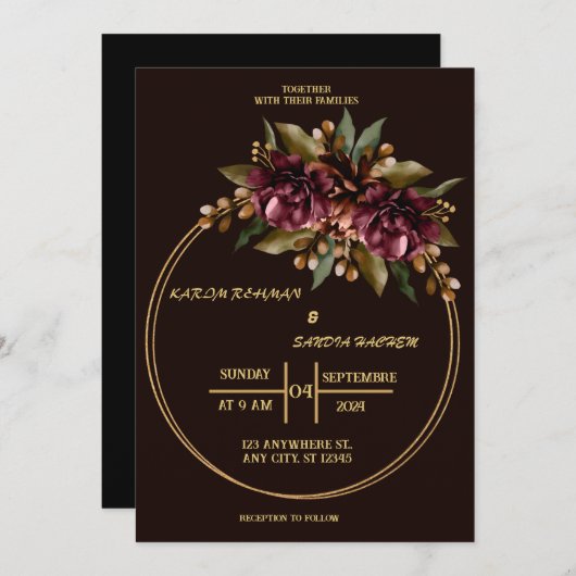 Black Burgundy en Gold Floral Modern Boho Wedding Kaart (Voorkant / Achterkant)