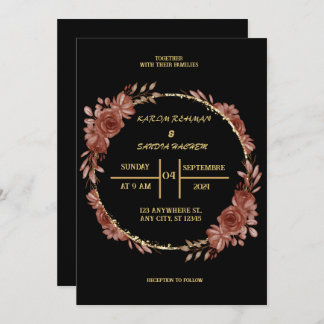 Black Burgundy en Gold Floral Modern Boho Wedding Kaart