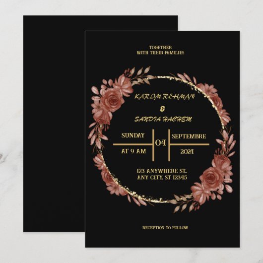 Black Burgundy en Gold Floral Modern Boho Wedding Kaart (Voorkant / Achterkant)