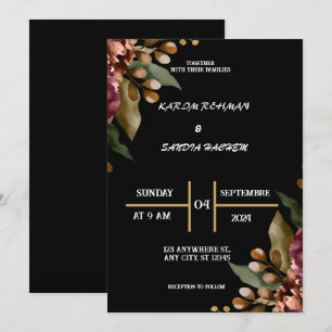 Black Burgundy en Gold Floral Modern Boho Wedding Kaart