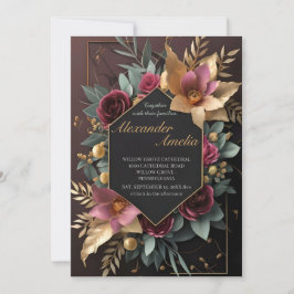 Black Burgundy en Gold Floral Modern Boho Wedding Kaart