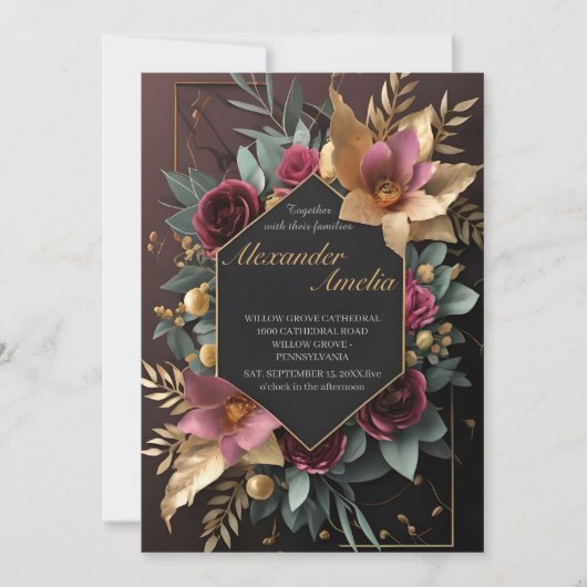 Black Burgundy en Gold Floral Modern Boho Wedding Kaart (Voorkant)