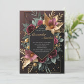 Black Burgundy en Gold Floral Modern Boho Wedding Kaart (Staand voorkant)