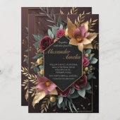 Black Burgundy en Gold Floral Modern Boho Wedding Kaart (Voorkant / Achterkant)