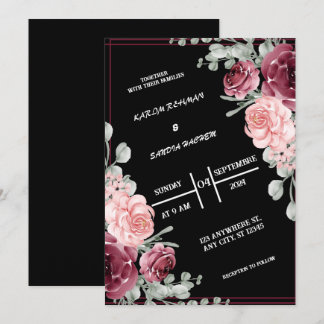 Black Burgundy en Gold Floral Modern Boho Wedding Kaart