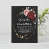Black Burgundy en Gold Floral Modern Boho Wedding Kaart (Staand voorkant)