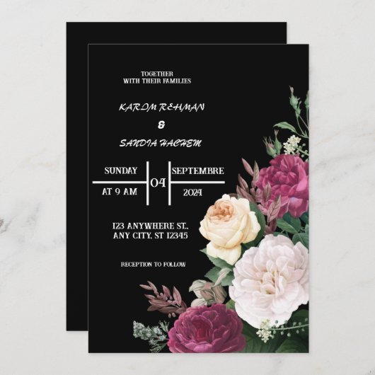 Black Burgundy en Gold Floral Modern Boho Wedding Kaart (Voorkant / Achterkant)