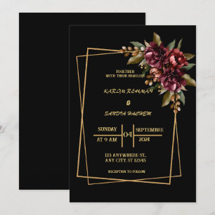 Black Burgundy en Gold Floral Modern Boho Wedding Kaart