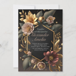 Black Burgundy en Gold Floral Modern Boho Wedding Kaart