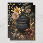 Black Burgundy en Gold Floral Modern Boho Wedding Kaart (Voorkant / Achterkant)