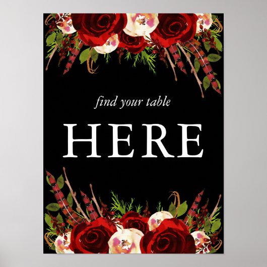 Black Burgundy Floral Boho vindt je tafel hier Poster (Voorkant)