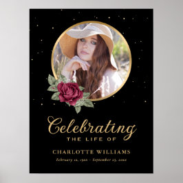 Black Burgundy Gold Floral Funeral Sign Poster