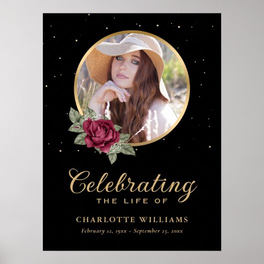 Black Burgundy Gold Floral Funeral Sign Poster (Voorkant)