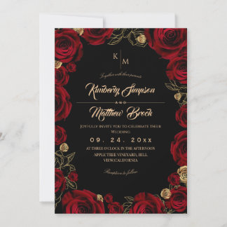 Black Burgundy⎮ Gold Rose Floral Boho Wedding Kaart