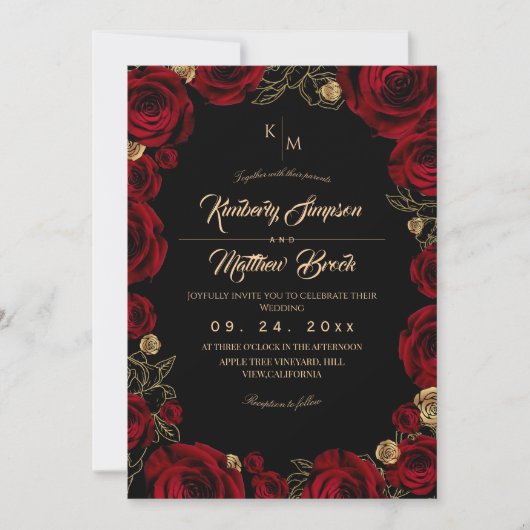 Black Burgundy⎮ Gold Rose Floral Boho Wedding Kaart (Voorkant)