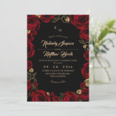Black Burgundy⎮ Gold Rose Floral Boho Wedding Kaart (Staand voorkant)