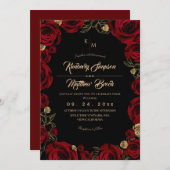 Black Burgundy⎮ Gold Rose Floral Boho Wedding Kaart (Voorkant / Achterkant)