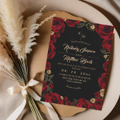 Black Burgundy⎮ Gold Rose Floral Boho Wedding Kaart