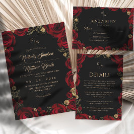 Black Burgundy⎮ Gold Rose Floral Boho Wedding Kaart