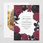 Black & Burgundy Photo/QR Code Floral Wedding Kaart (Voorkant / Achterkant)