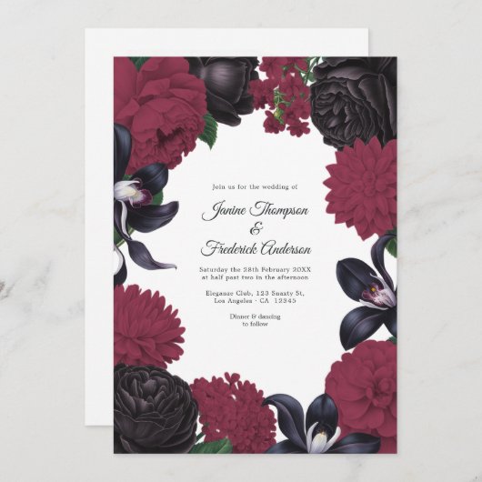 Black & Burgundy Photo/QR Code Floral Wedding Kaart (Voorkant / Achterkant)