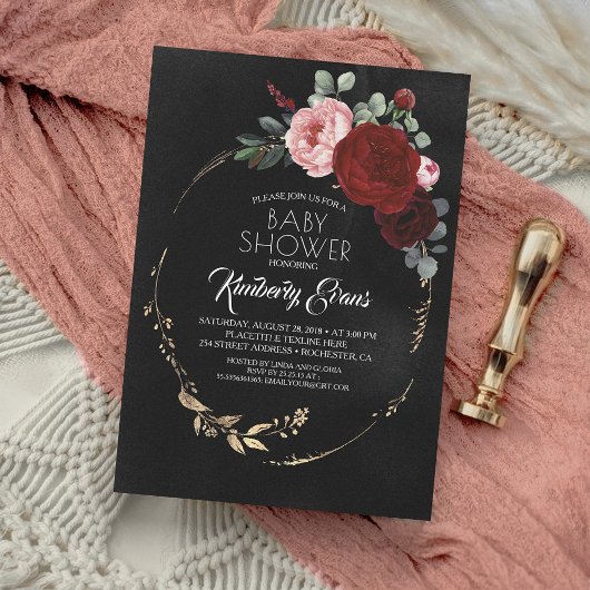 Black Burgundy Red en Gold Floral Baby shower Kaart