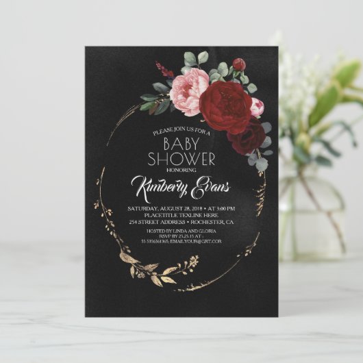 Black Burgundy Red en Gold Floral Baby shower Kaart (Staand voorkant)