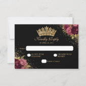 Black Burgundy Red Glitter Floral Quinceanera RSVP Kaartje (Voorkant)