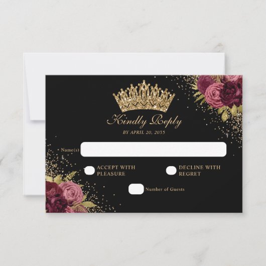Black Burgundy Red Glitter Floral Quinceanera RSVP Kaartje (Voorkant)