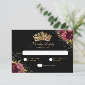 Black Burgundy Red Glitter Floral Quinceanera RSVP Kaartje (Staand voorkant)