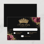 Black Burgundy Red Glitter Floral Quinceanera RSVP Kaartje (Voorkant / Achterkant)