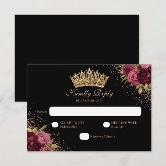 Black Burgundy Red Glitter Floral Quinceanera RSVP Kaartje (Voorkant / Achterkant)