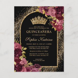 Black Burgundy Red Glitter Floral Quinceanera Uitnodiging Briefkaart