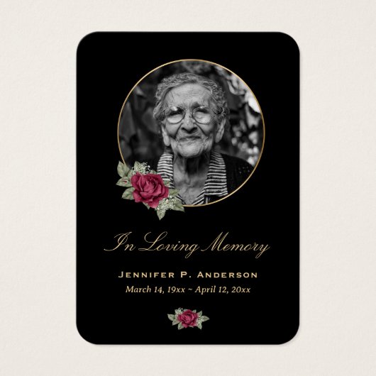 Black Burgundy Red Gold Floral Memorial Cards Visitekaartje (Voorkant)
