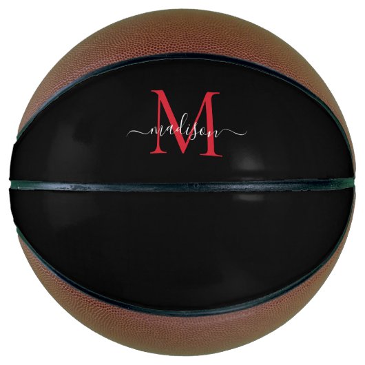 Black Burgundy Red Monogram Feminine Girly Script Basketbal (Voorkant)