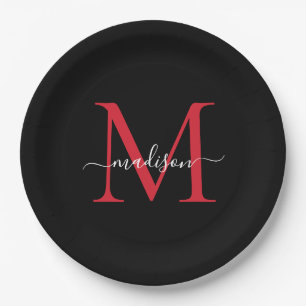 Black Burgundy Red Monogram Modern Elegant Script Papieren Bordje