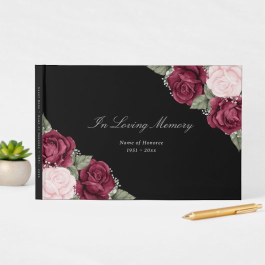 Black Burgundy Red Pink Floral Memorial Gastenboek (Insitu Display)
