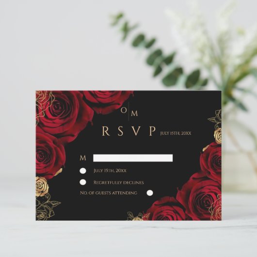 Black Burgundy Roses Wedding RSVP card Kaartje (Staand voorkant)