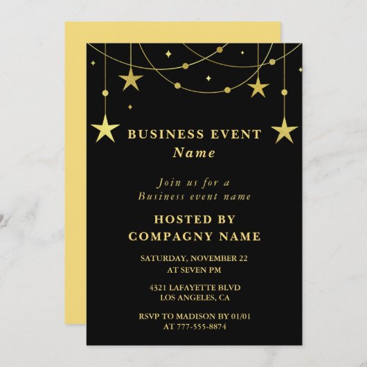 Black Business-feestuitnodiging voor Party Gold St Kaart (Voorkant / Achterkant)