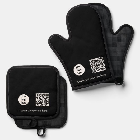 Black Business Logo Promotionele QR Code Tekst Ovenwant & Pannenlap Set (Voorkant / Achterkant)
