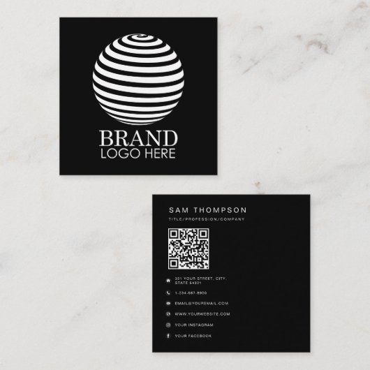 Black Business Logo QR Code Modern Minimalist Vierkante Visitekaartje (Voorkant / Achterkant)