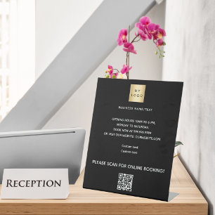 Black business logo qr code online boeken reclamebord met voetstuk