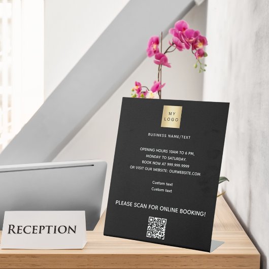 Black business logo qr code online boeken reclamebord met voetstuk