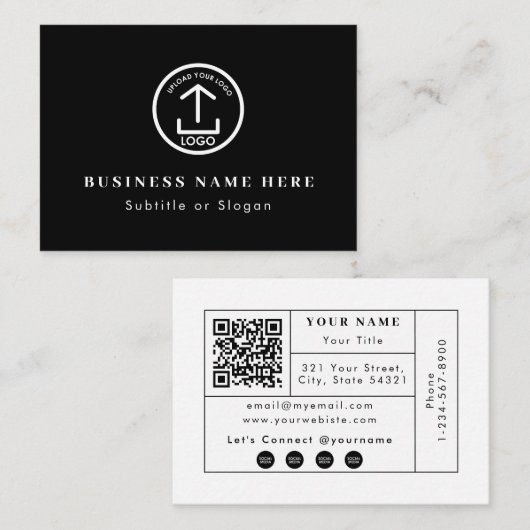 Black Business Logo QR Code Social Media Contact Visitekaartje (Voorkant / Achterkant)